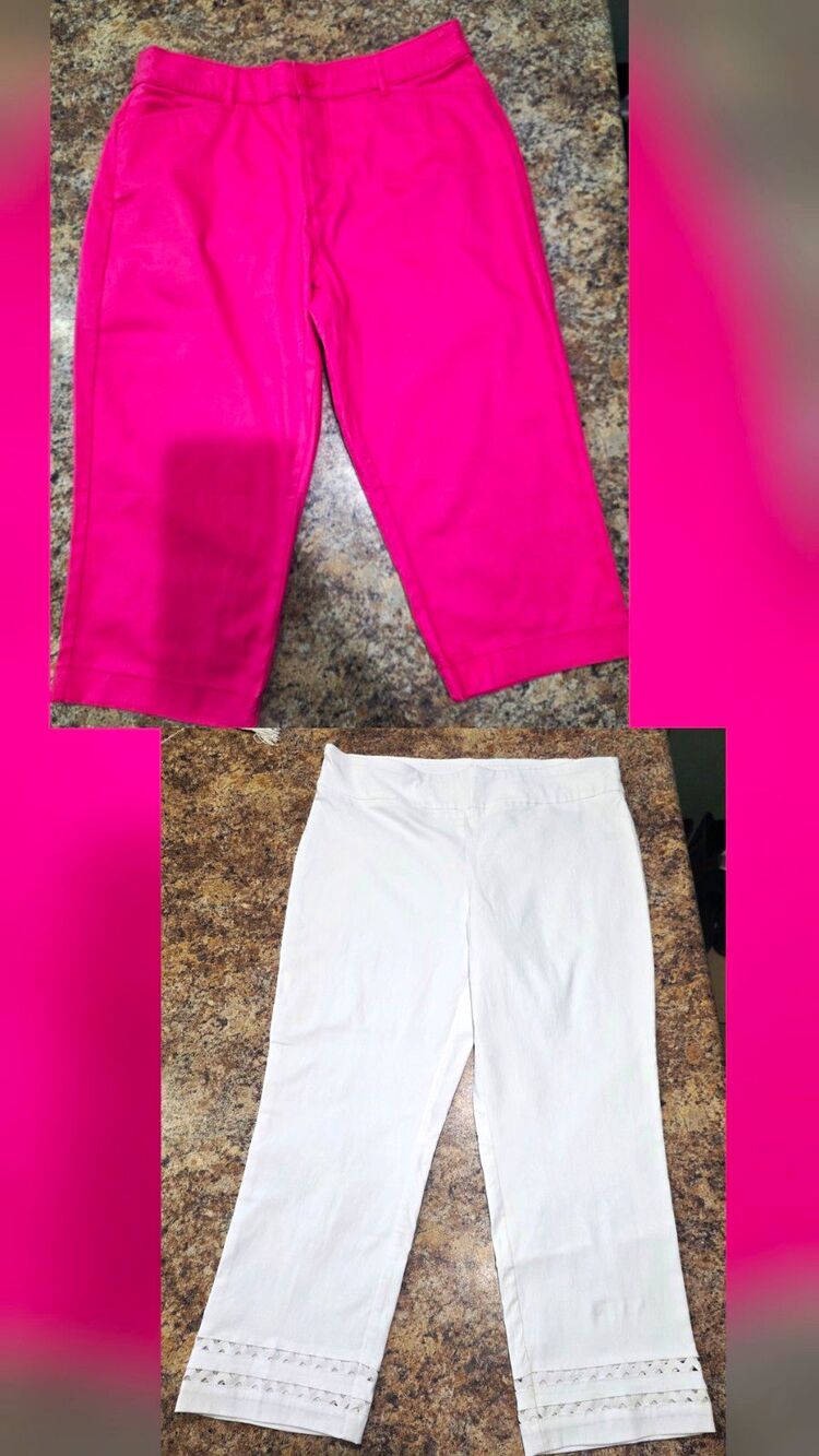 2 Capri Pants! Crown & Ivy Womens White Capri, St John's Bay Capri. Both Size 14